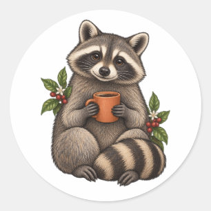 Sticker Rond Raton laveur cosy avec café et feuilles botaniques