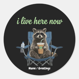 Sticker Rond Raton laveur drôle Café glacé J'habite ici mainten