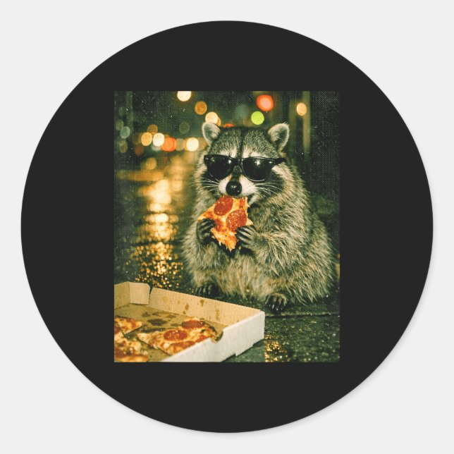 Sticker Rond Raton laveur drôle mangeant une pizza animal meme  (Devant)