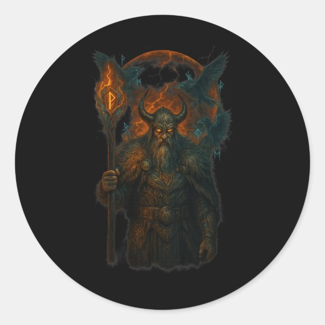 Sticker Rond Raven Viking Halloween Design Norse Sorcerer Moon (Devant)
