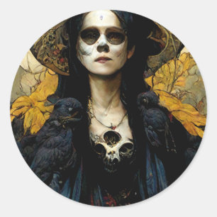 Sticker Rond Raven Witch 3 Imaginaire Horreur Goth Gothique