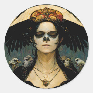 Sticker Rond Raven Witch 4 Imaginaire Horreur Goth Gothique