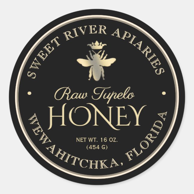 Sticker Rond Raw Tupelo Honey Black Gold Queen Bee (Devant)