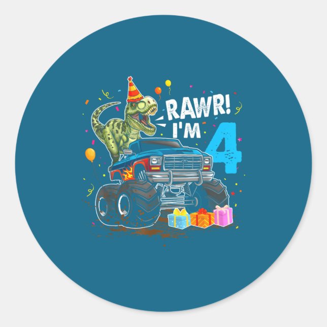 Sticker Rond Rawr I'm 4 4th Birthday T Rex Dinosaur Funny Party (Devant)