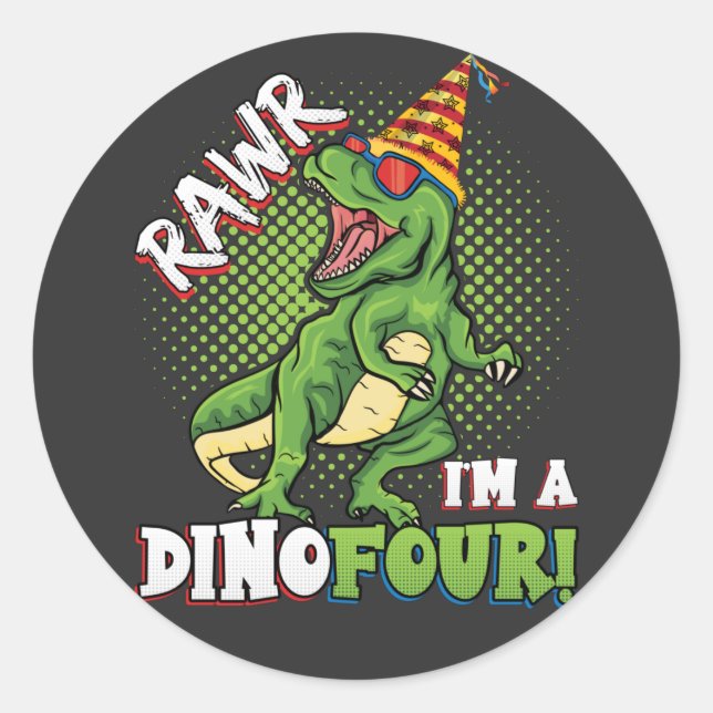 Sticker Rond Rawr Je suis un Dinofour 4e anniversaire Dinosaur (Devant)