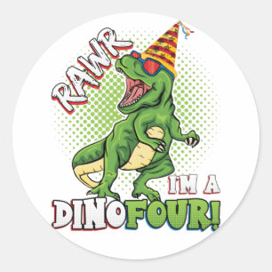 Sticker Rond Rawr Je suis un Dinofour 4e anniversaire Dinosaur