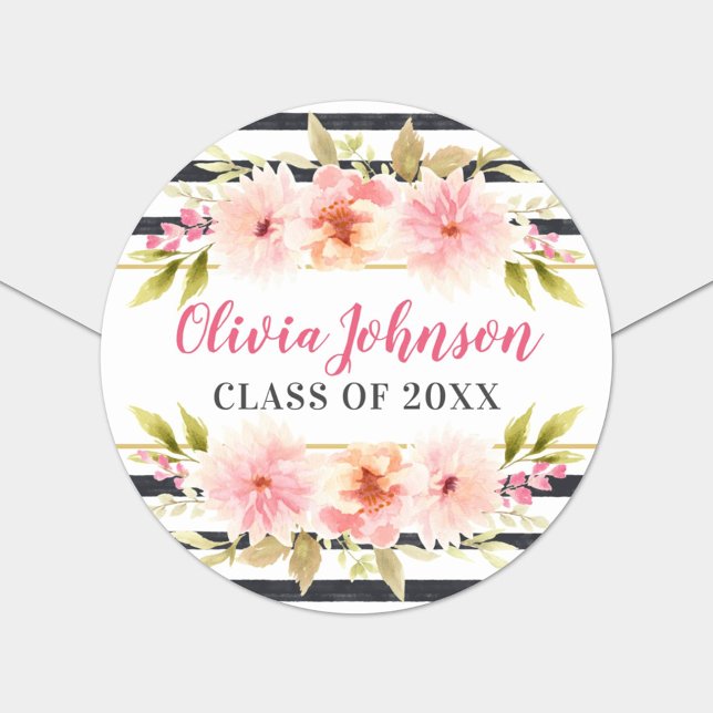 Sticker Rond Rayure Florale Graduation Nom Classe de 2026 (Créateur téléchargé)