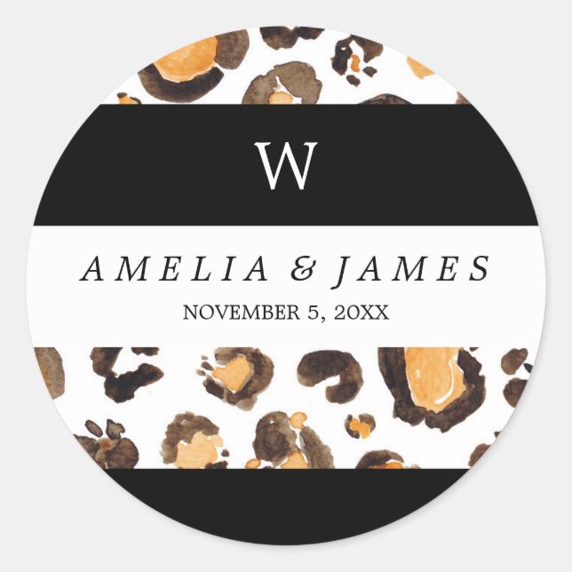 Sticker Rond Rayures Aquarelle Leopard Spots Mariage Monogramme (Devant)