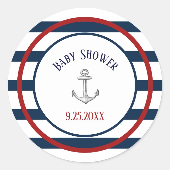 Sticker Rond Rayures nautiques et Baby shower Ancre (Devant)
