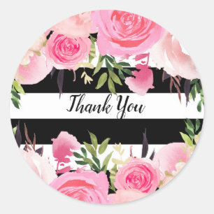 Sticker Rond Rayures noires et blanches Fleurs roses Baby Showe