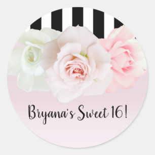 Sticker Rond Rayures noires et blanches Roses roses Baby shower