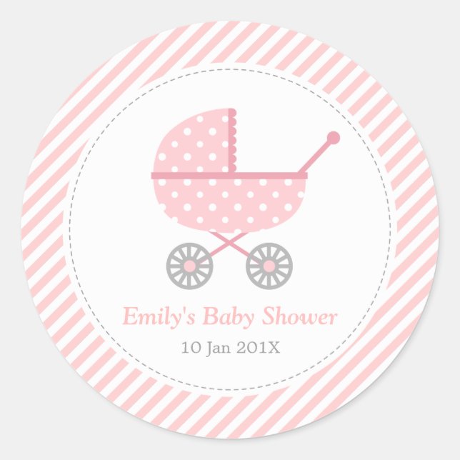 Sticker Rond Rayures roses et blanches, Poussette, Fête de bébé (Devant)