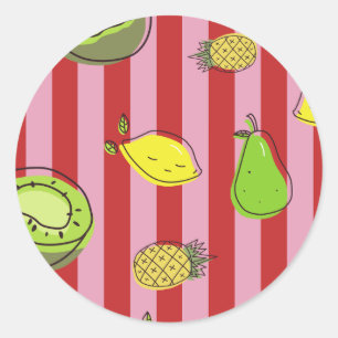 Sticker Rond Rayures roses et rouges avec motif de fruits