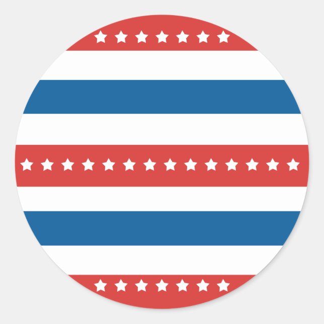 Sticker Rond Rayures Rouges, Bleues et Blanches avec Étoiles Bl (Devant)