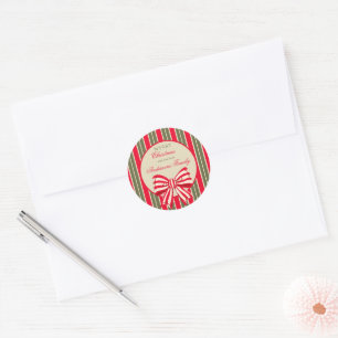 Sticker Rond Rayures rouges et vertes rétro de Noël avec nœud