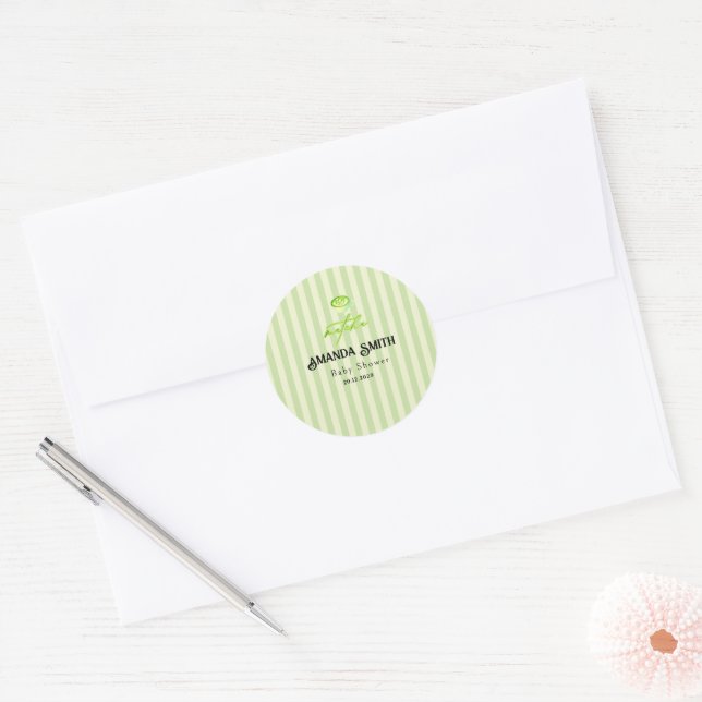 Sticker Rond Rayures Vertes Baby Shower Matcha (Enveloppe)