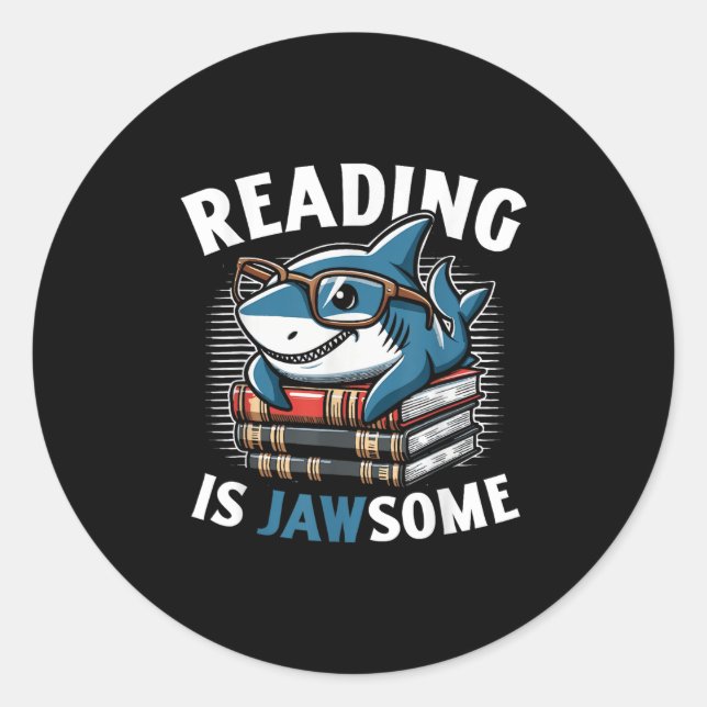 Sticker Rond Reading Is Jawsome Shark Books Bookworm Reader  (Devant)