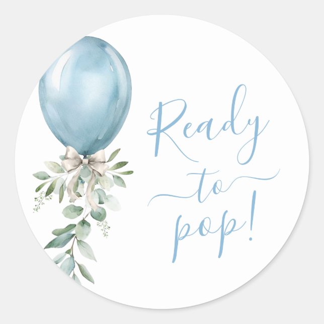 Sticker Rond Ready To Pop Blue Balloon Bow Greenery Baby Shower (Devant)