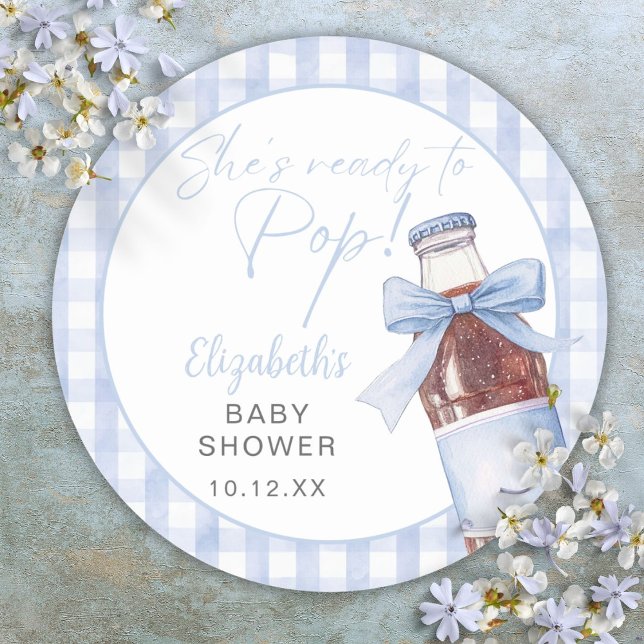 Sticker Rond Ready To Pop Blue Bow Soda Bottle Baby Shower (Ready To Pop Blue Bow Soda Bottle Baby Shower Classic Round Sticker)