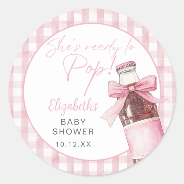 Sticker Rond Ready To Pop Pink Bow Soda Bottle Baby Shower (Devant)
