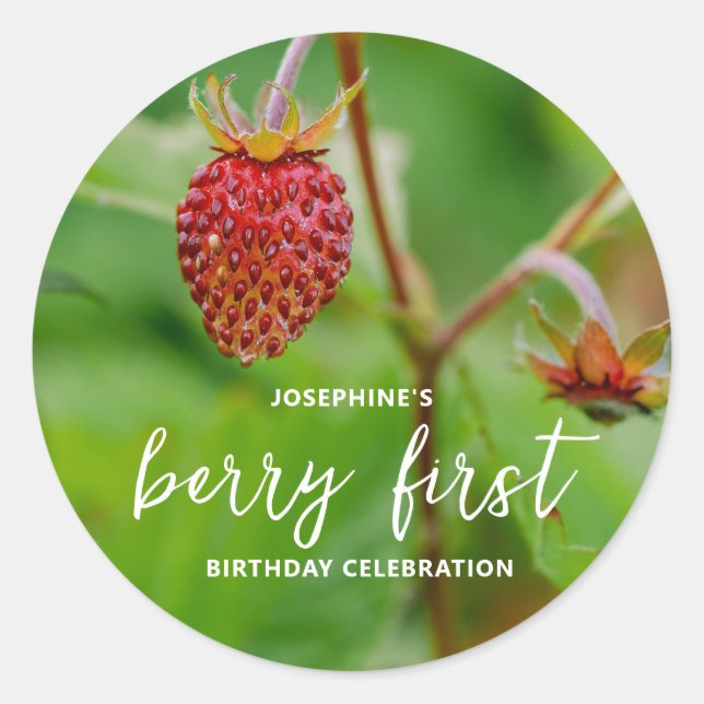 Sticker Rond Real Red Strawberry Photo Berry First Birthday (Devant)