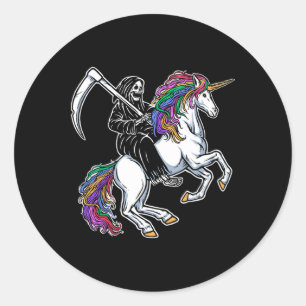 Sticker Rond Reaper équitation Unicorn arc en ciel Squelette Ha