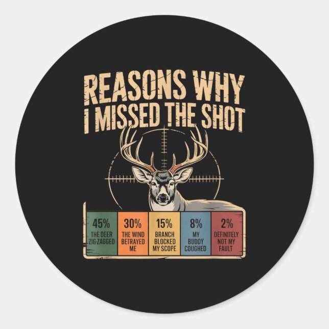 Sticker Rond Reasons Why I Missed The Shot Funny Deer Hunting E (Devant)
