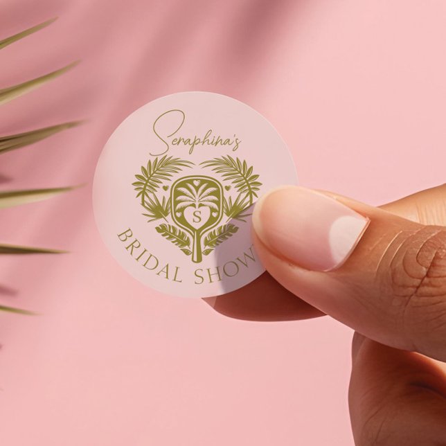 Sticker Rond Réception de mariage de pickleball au thème de pal (Retro Tropical Palm Tree Pickleball Bridal Shower Classic Round Sticker)