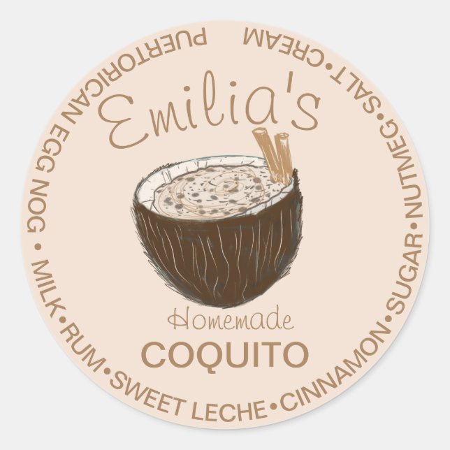 Sticker Rond Recette Coquito Boire Coconut Mains Tirées Ingrédi (Devant)