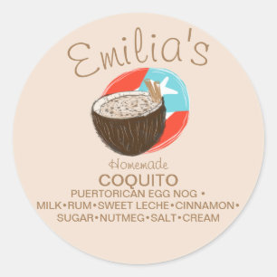 Sticker Rond Recette de Coquito Boisson Coco Noix Dessinée à la
