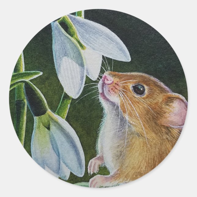 Sticker Rond Récolte Souris Odeur Snowdrops Aquarelle Art (Devant)
