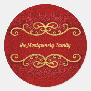 Sticker Rond Red and Gold Damask Swirls