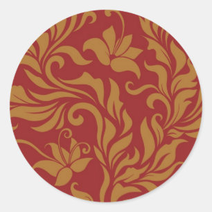 Sticker Rond Red and Gold Floral Pattern
