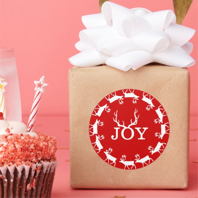 Sticker Rond Red and White Joy Deer Antler Noël Holiday (Fête)