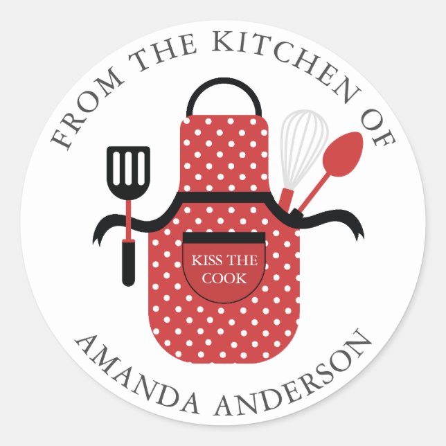Sticker Rond Red Apron Kiss the Cook from the Kitchen of (Devant)