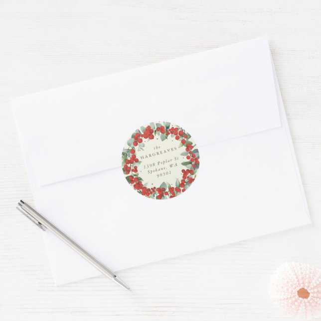 Sticker Rond Red Berries + Eucalyptus Holiday Wreath Adresse (Enveloppe)