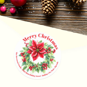 Sticker Rond Red Berries Holly Feuilles Poinsettias Noël