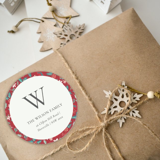 Sticker Rond Red Berries Noël Floral Monogramme Adresse (Créateur téléchargé)