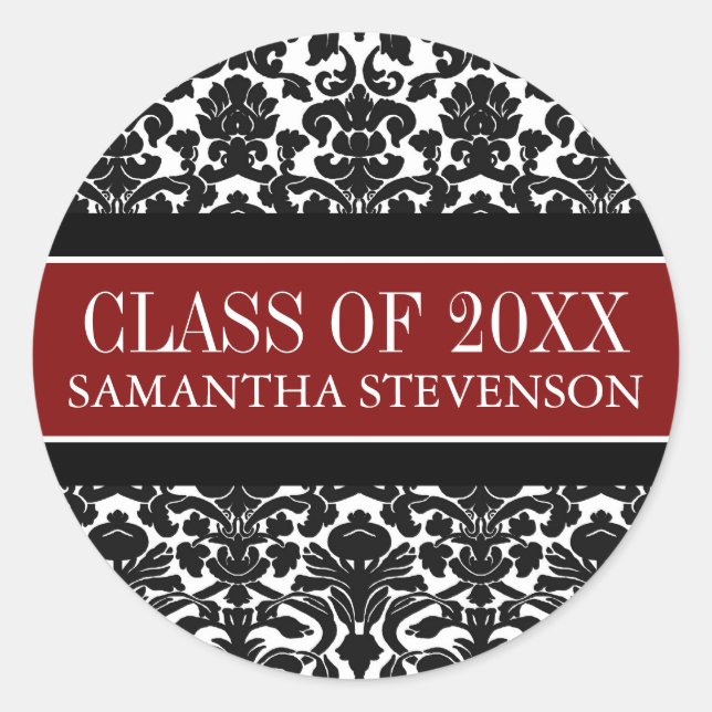 Sticker Rond Red Black Damask Graduation Custom Nom de l'année (Devant)