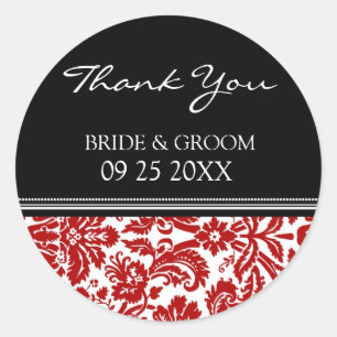 Sticker Rond Red Black Damask Merci Wedding Favor Tags