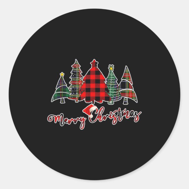 Sticker Rond Red Black Green Buffalo Plaid Merry Christmas Tree (Devant)