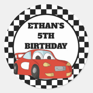 Sticker Rond Red Black White Race Car fête d'anniversaire