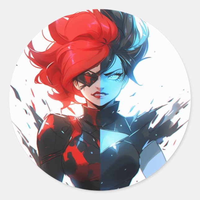 Sticker Rond Red Blue Fire Ice Comic Style Anime Girl (Devant)