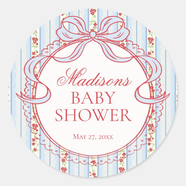 Sticker Rond Red & Blue Vintage Fancy Floral Baby Shower Seal (Devant)