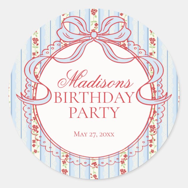 Sticker Rond Red & Blue Vintage Fancy Floral Birthday Seal (Devant)