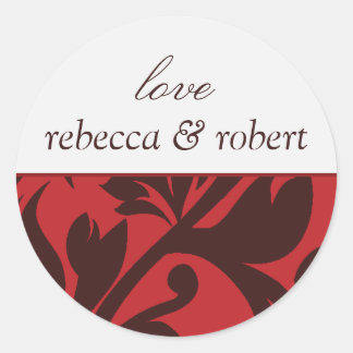 Sticker Rond Red Brown Damask Personnalisé Nom Mariage Inviter