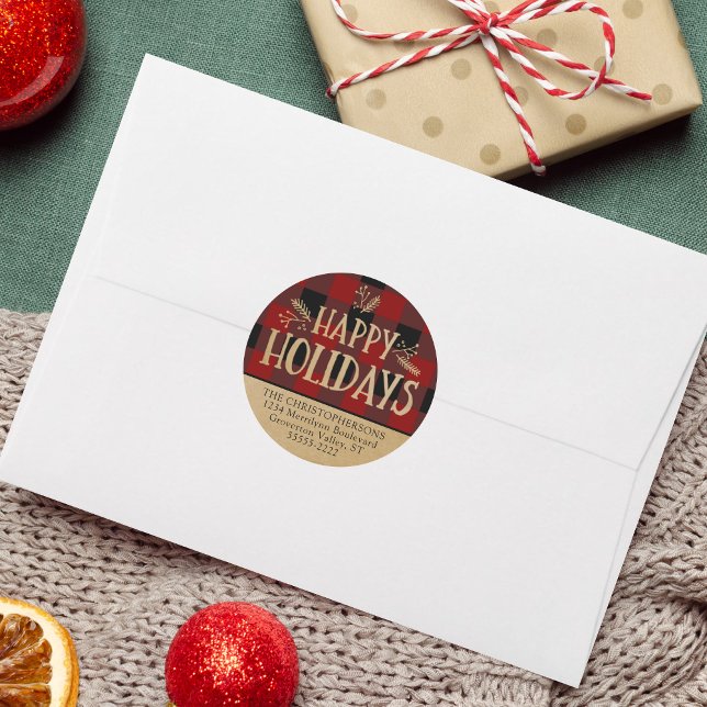 Sticker Rond Red Buffalo Check Plaid Brown Kraft Adresse de ret (Créateur téléchargé)