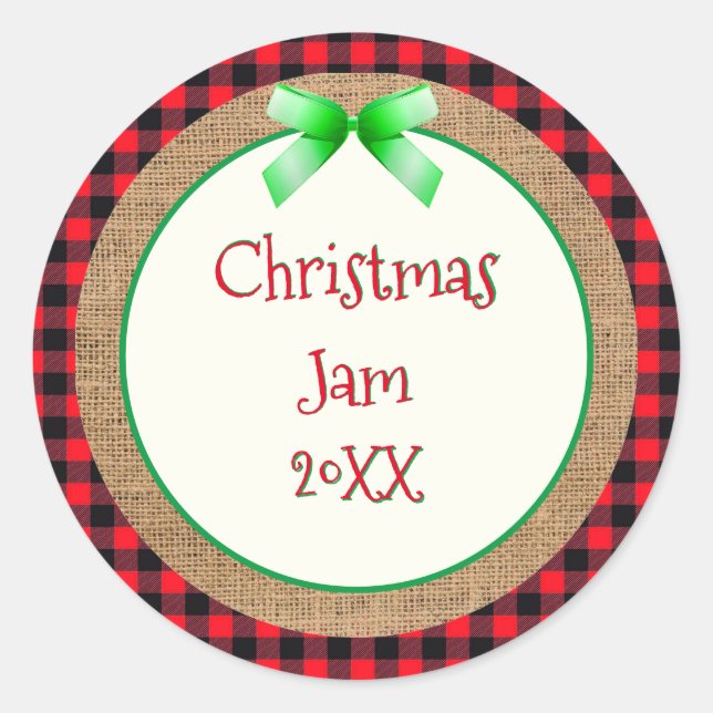 Sticker Rond Red Buffalo Plaid and Burlap Christmas Jam Étiquet (Devant)