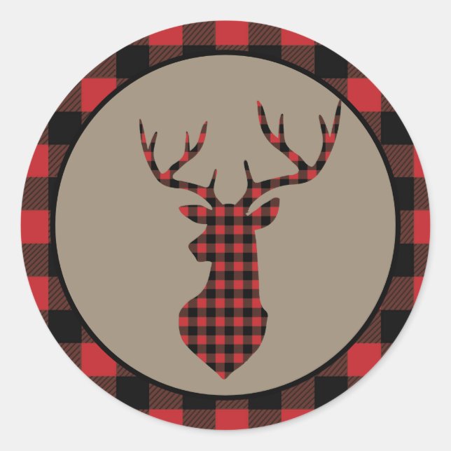 Sticker Rond Red Buffalo Plaid Border Deer (Devant)