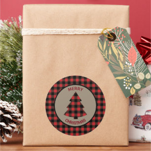 Sticker Rond Red Buffalo Plaid Bordure Arbre de Noël
